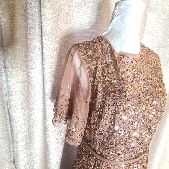 Mac‎ Duggal 93655 Rosewood Cape Sleeve Beaded Tea Length A-Line Midi Dress Sz 10 - Picture 4 of 11